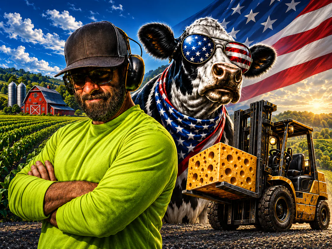 Flyer-inspired Dairyland illustration of Paul, a Wisconsin dairy cow, and a forklift