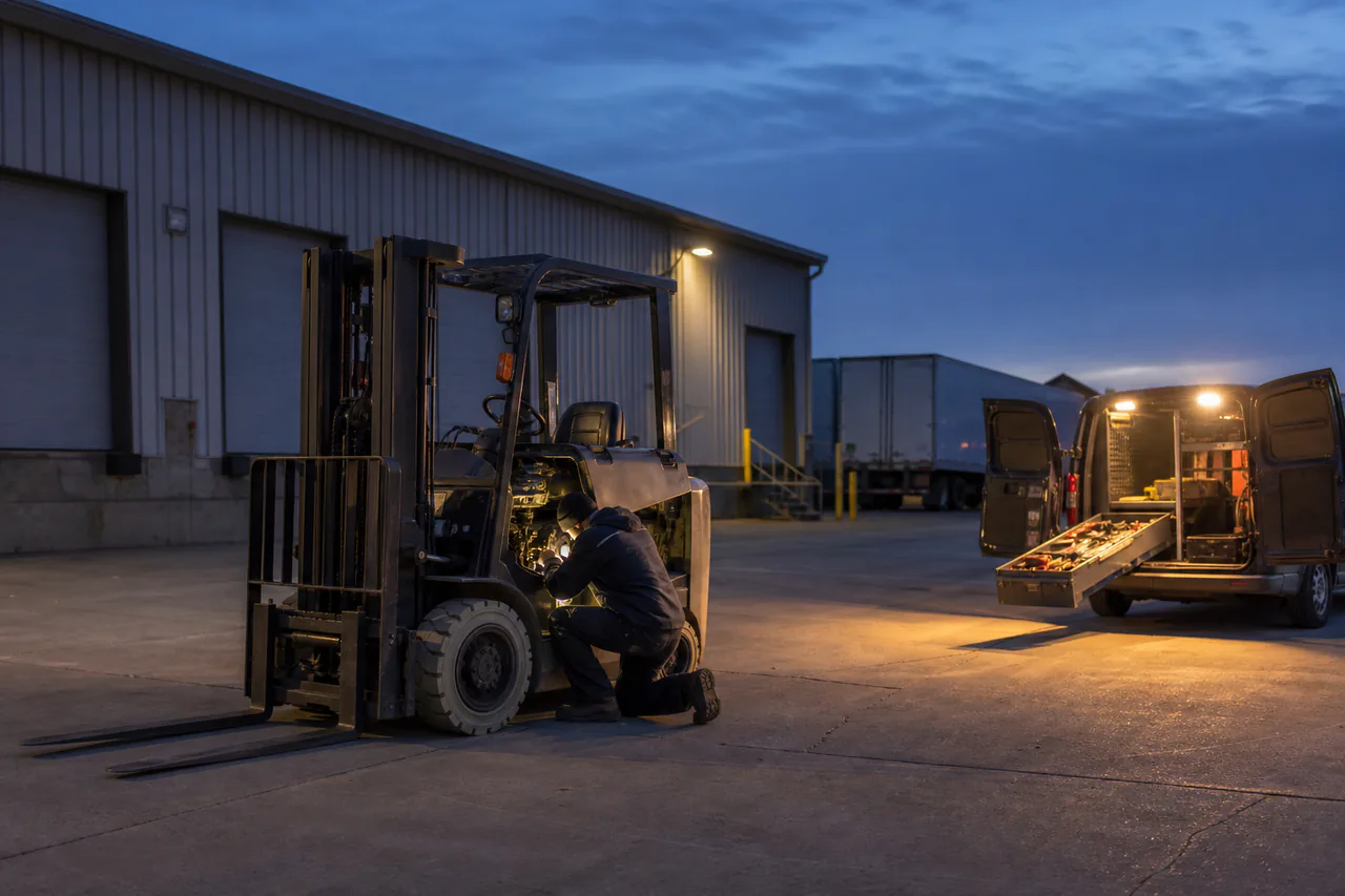 Technician inspecting a disabled forklift during an evening emergency service visit