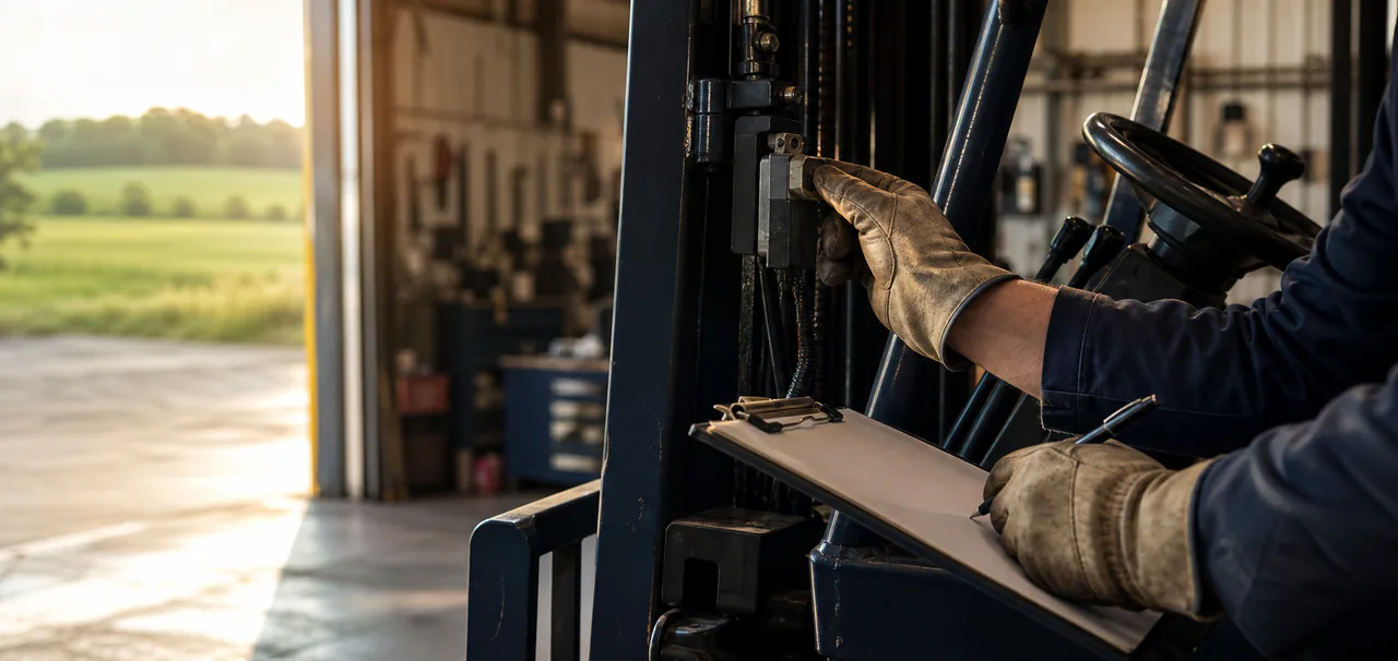 Skilled hands completing a careful forklift inspection in a Wisconsin workshop