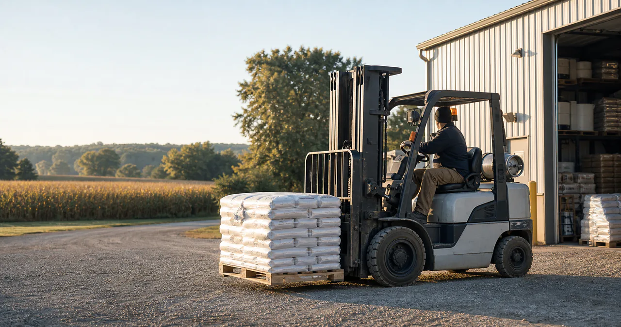 Forklift moving a pallet at a Wisconsin agricultural supply yard beside a cornfield