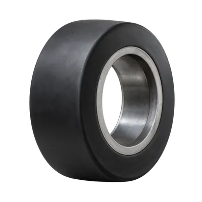 Illustration of a smooth black cushion forklift tire bonded to a steel band