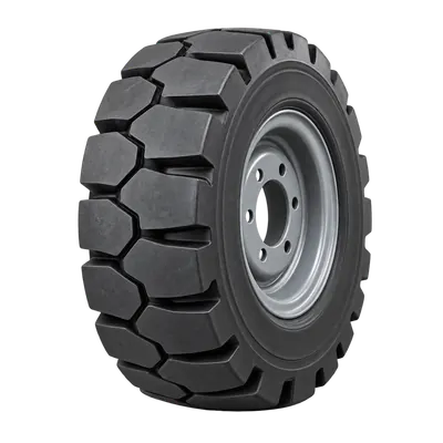 Illustration of a forklift tire with chunky tread and a gray industrial rim